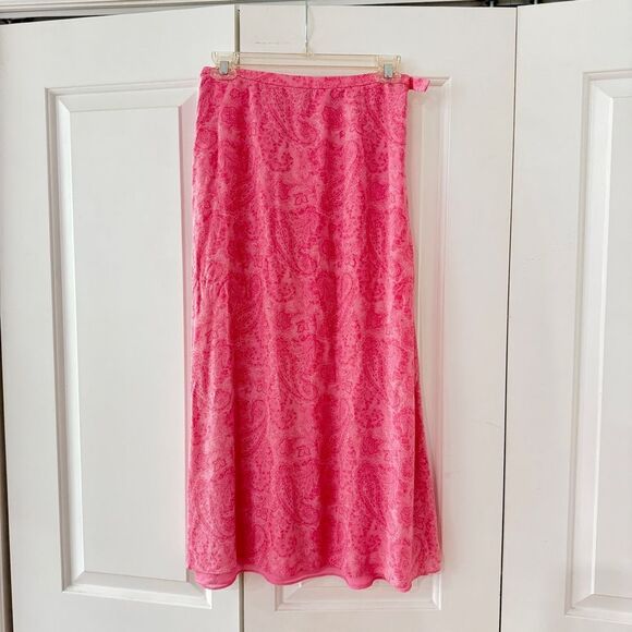 90s Y2K Talbots Pure Silk Pink Paisley A-Line Midi Skirt - Picture 1 of 7